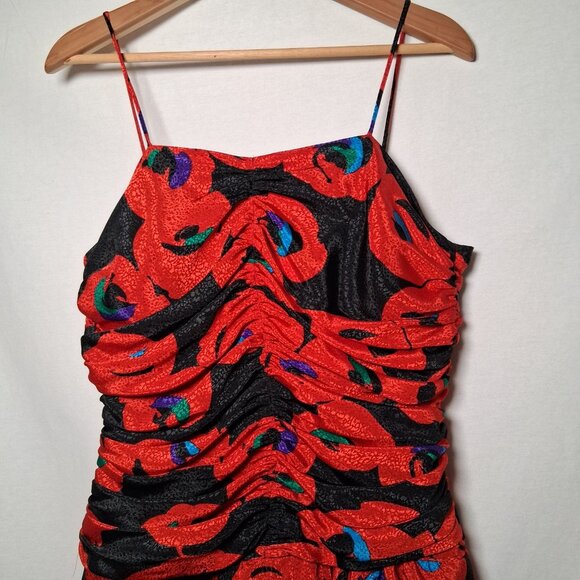 Vintage 1980s Party Dress Apostrophe 13/14 Red Black Floral Satin Sleeveless - Picture 5 of 16